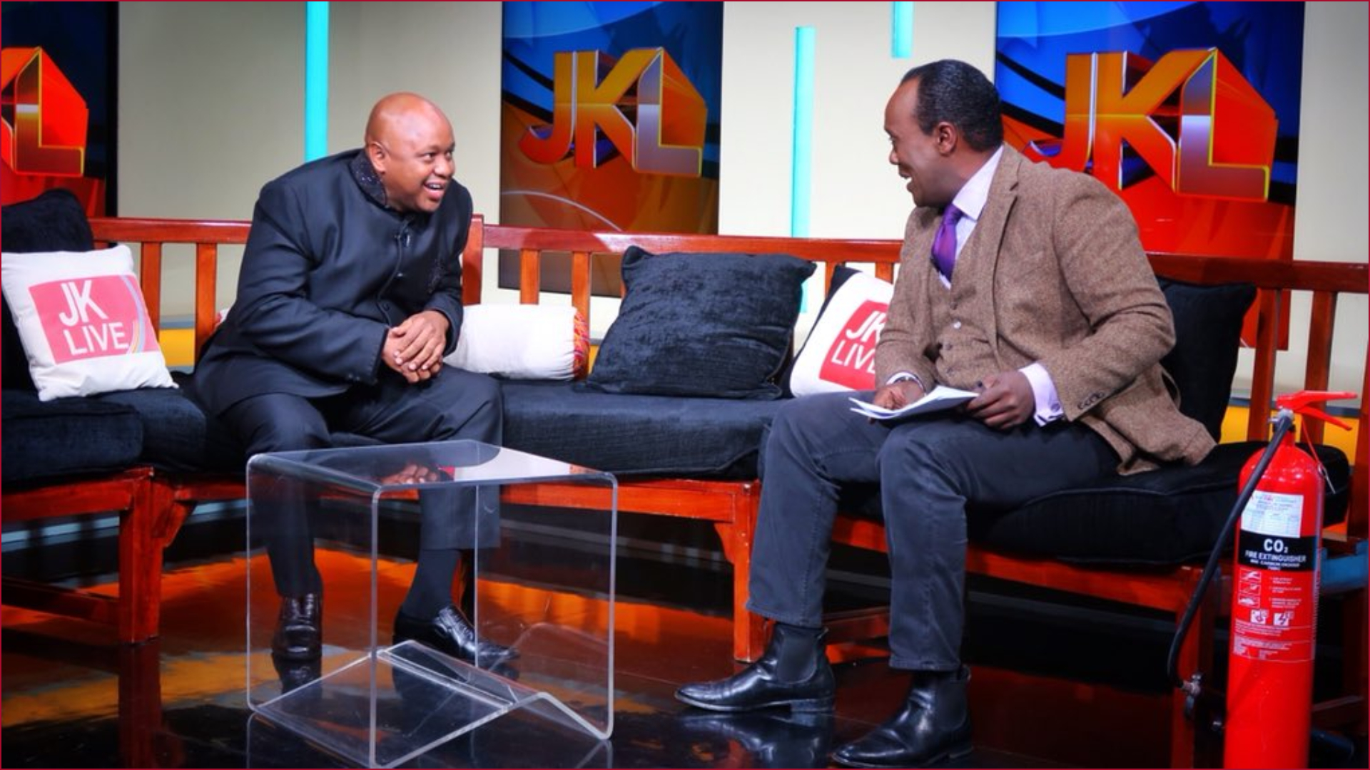 Journalists Tony Gachoka (left) and Jeff Koinange in a past TV show.